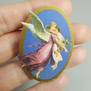 Vintage Guardian Angel Blue Pink Winged Cherub Oval Brooch, Estate Lapel Pin